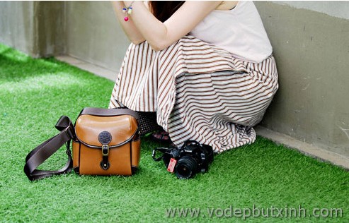 Túi máy ảnh da nắp khuy tròn cỡ lớn K0391