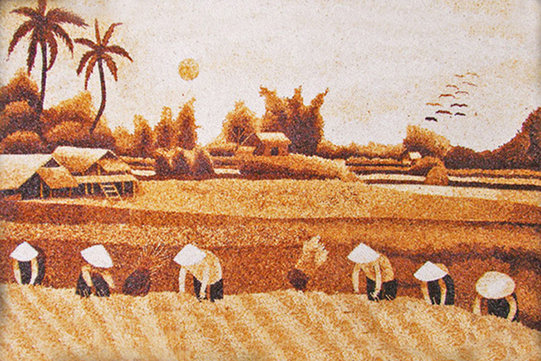 tranh gạo Cánh đồng mùa gặt (30x45cm)