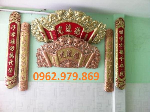 hoành phi câu đối đồng vàng sơn đỏ 1m35